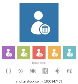 Borrar iconos blancos planos de la cuenta de usuario en fondos cuadrados. 6 iconos de bonificación incluidos.