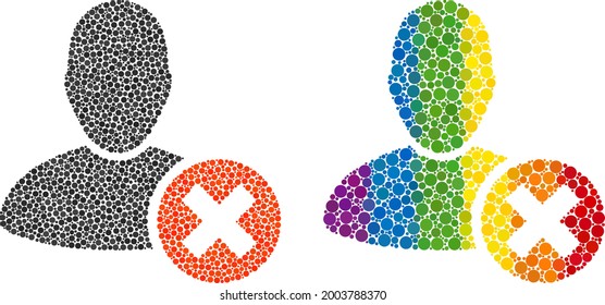 Delete user composition icon of round items in variable sizes and spectrum color tinges. A dotted LGBT-colored delete user for lesbians, gays, bisexuals, and transgenders.