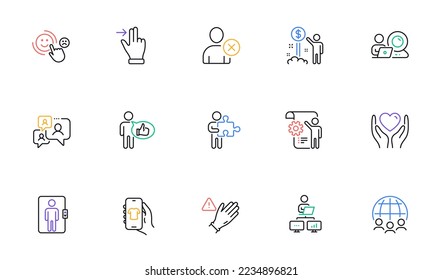 Delete user, Customer satisfaction and Work home line icons for website, printing. Collection of Touchscreen gesture, Use gloves, Like icons. Elevator, Video conference. Vector
