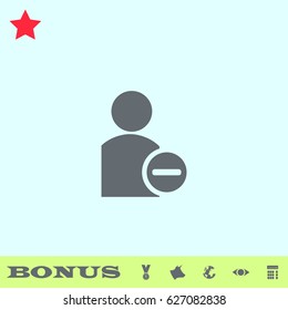 Delete user icon flat. Grey pictogram on blue background. Vector illustration symbol and bonus buttons medal, cow, earth, eye, calculator