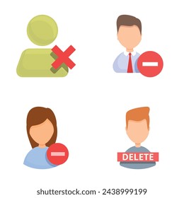 Delete user icons set cartoon vector. Account cannot be accessed or used. Social community