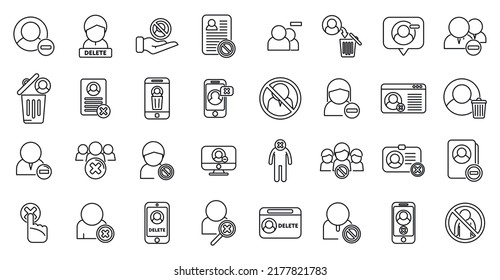 Delete user icons set outline vector. Access avatar. Call add