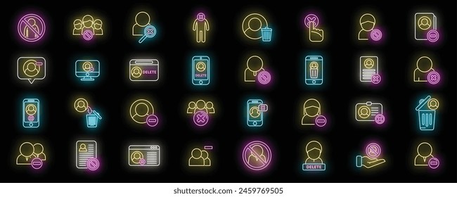 Delete user icons set outline vector. Access avatar. Call add neon color on black