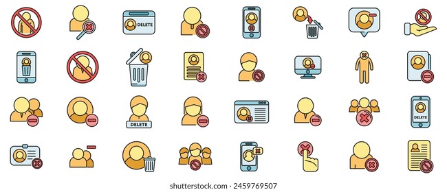 Delete user icons set outline vector. Access avatar. Call add thin line color flat on white