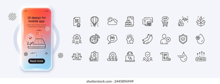 Delete user, Mobile inventory and Voice wave line icons for web app. Phone mockup gradient screen. Pack of Engineering team, Gift dream, Medical prescription pictogram icons. Vector