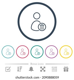 Borrar iconos de color plano de esquema de usuario en contornos redondos. 6 iconos de bonificación incluidos.