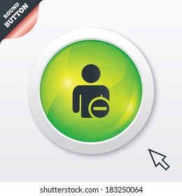 Delete user sign icon. Remove friend symbol. Green shiny button. Modern UI website button with mouse cursor pointer. Vector