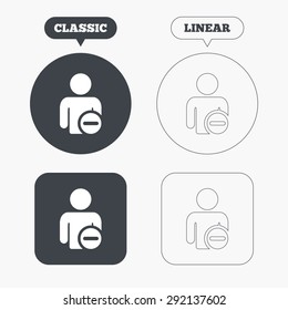 Delete user sign icon. Remove friend symbol. Classic and line web buttons. Circles and squares. Vector