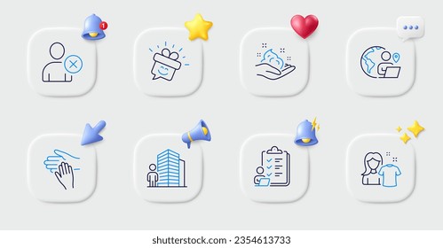 Delete user, Skin care and Checklist line icons. Buttons with 3d bell, chat speech, cursor. Pack of Volunteer, Smile, Agent icon. Clean shirt, Outsource work pictogram. For web app, printing. Vector