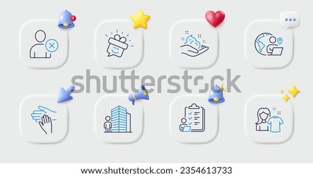 Delete user, Skin care and Checklist line icons. Buttons with 3d bell, chat speech, cursor. Pack of Volunteer, Smile, Agent icon. Clean shirt, Outsource work pictogram. For web app, printing. Vector