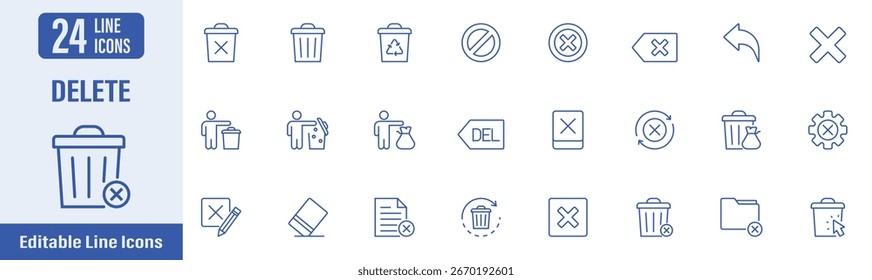 Excluir ícones da Web no estilo de linha. Contém ícones como excluir, lixar, remover, apagar, errado e muito mais. Ilustração vetorial.