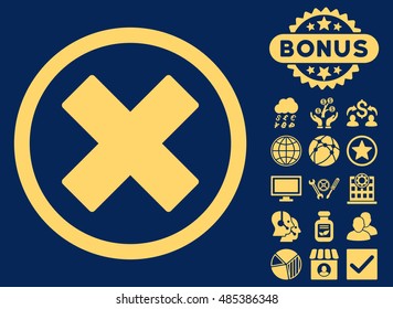 Delete X-Cross icon with bonus design elements. Vector illustration style is flat iconic symbols, yellow color, blue background.