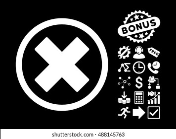 Delete X-Cross icon with bonus icon set. Vector illustration style is flat iconic symbols, white color, black background.