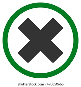 Delete X-Cross vector bicolor rounded icon. Image style is a flat icon symbol inside a circle, green and gray colors, white background.