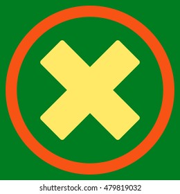 Delete X-Cross vector bicolor rounded icon. Image style is a flat icon symbol inside a circle, orange and yellow colors, green background.