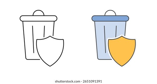 Ícone de privacidade de dados excluídos com lixeira e símbolo de escudo, ideal para exclusão segura, descarte de dados e ilustrações de privacidade digital.