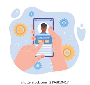 Deleting account concept. Character leaves social networks or website. Modern technologies and digital world. Man blocks profile. Deactivation and remove data. Cartoon flat vector illustration