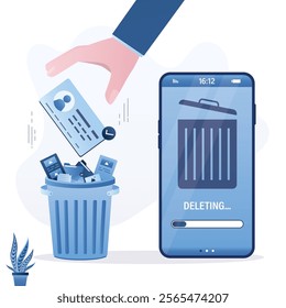 Deleting account or profile in social network. Smartphone with garbage bin, social media signs in trash can. Deactivated account, subscribes cancellation. Freedom from internet. vector illustration