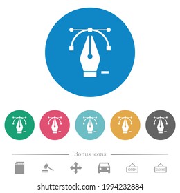 Deleting editing point with pen tool flat white icons on round color backgrounds. 6 bonus icons included.