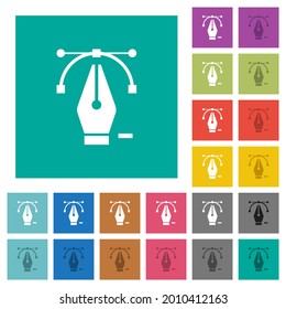 Deleting editing point with pen tool multi colored flat icons on plain square backgrounds. Included white and darker icon variations for hover or active effects.