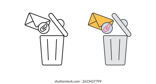 Deleting email attachments icon showing a paperclip and message being trashed, representing digital decluttering in outline and color styles.