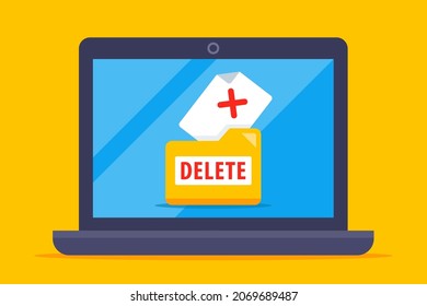 deleting a file from a laptop. clearing data from a computer. flat vector illustration.