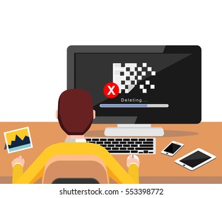 Deleting file process on desktop screen concept. Person working on computer. Modern flat design for Web Banner , Website Element , Brochures, or Book cover