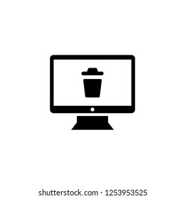 Deleting file through trash bin, desktop monitor with trash bin sign vector icon