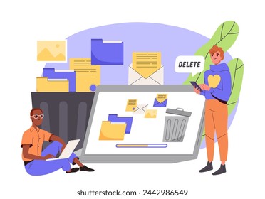 Löschen von Dateien auf Computer Concept. Männer in der Nähe von Laptop und PC. Elektronische Speicherung und Archivierung mit Dokumenten. Löschen der Lagerung aus dem Müll. Cartoon flache Vektor-Illustration isoliert auf weißem Hintergrund