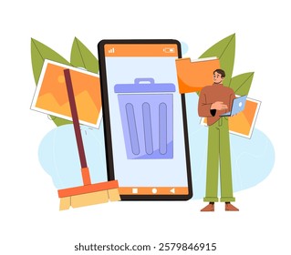 Deleting files on smartphone. Man standing near smartphone with trashcan on screen. File and storage management. Cleaning database and data storage. Flat vector illustration