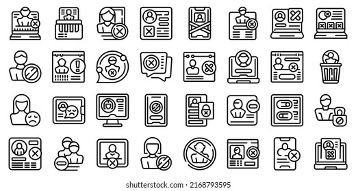 Deleting social account icons set outline vector. Delete addiction. App block