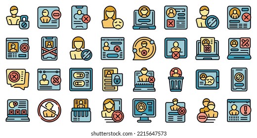 Deleting social account icons set outline vector. Delete addiction. App block color flat isolated