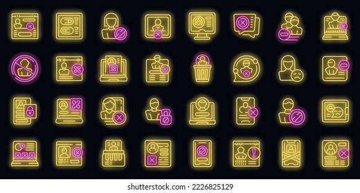 Deleting social account icons set outline vector. Delete addiction. App block neon color on black