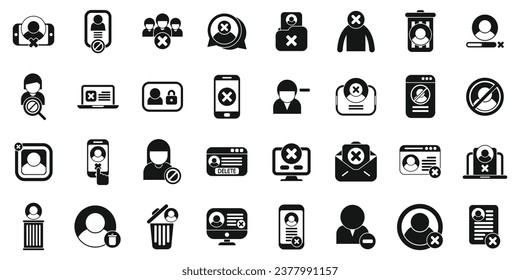 Deleting social account icons set simple vector. Delete app. Block remove identity