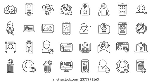 Deleting social account icons set outline vector. Delete app. Block remove identity