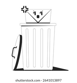 Deleting suspicious unwanted email line illustration concept. Spam e-mail envelope being thrown into trash bin. Junk message outline 2D composition isolated. Ink linear metaphor vector art