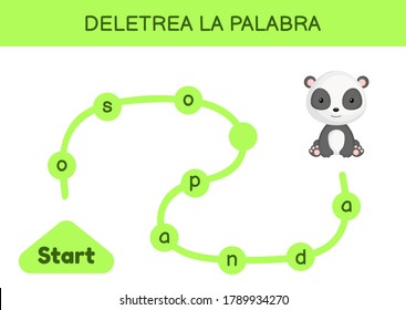 Deletrea la palabra - Spell the word. Maze for kids. Spelling word game template. Learn to read word panda. Activity page for study Spanish for development of children. Vector stock illustration.