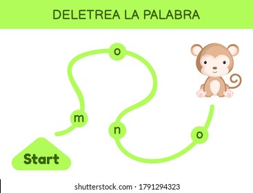 Deletrea la palabra - Spell the word. Maze for kids. Spelling word game template. Learn to read word monkey. Activity page for study Spanish for development of children. Vector stock illustration.