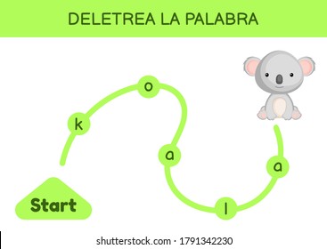 Deletrea la palabra - Spell the word. Maze for kids. Spelling word game template. Learn to read word koala. Activity page for study Spanish for development of children. Vector stock illustration.