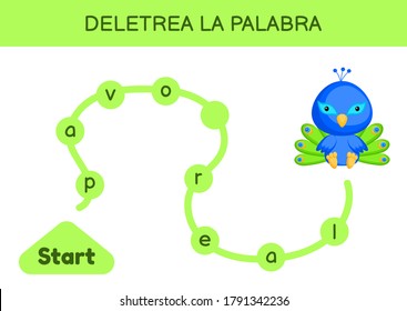 Deletrea la palabra - Spell the word. Maze for kids. Spelling word game template. Learn to read word peacock. Activity page for study Spanish for development of children. Vector stock illustration.