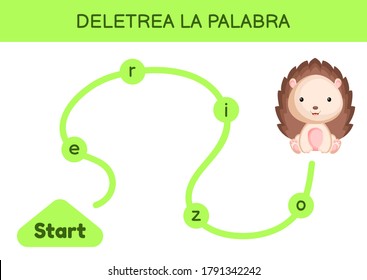 Deletrea la palabra - Spell the word. Maze for kids. Spelling word game template. Learn to read word hedgehog. Activity page for study Spanish for development of children. Vector stock illustration.