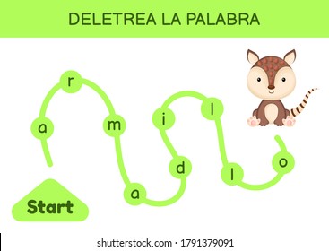 Deletrea la palabra - Spell the word. Maze for kids. Spelling word game template. Learn to read word armadillo. Activity page for study Spanish for development of children. Vector stock illustration.