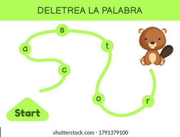 Deletrea la palabra - Spell the word. Maze for kids. Spelling word game template. Learn to read word beaver. Activity page for study Spanish for development of children. Vector stock illustration.