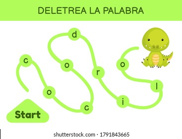 Deletrea la palabra - Zaubere das Wort. Maze für Kinder. Rechtschreibwortvorlage für Spiel. Lerne, das Wort Krokodil zu lesen. Aktivitätsseite für Spanisch für die Entwicklung von Kindern. Vektorgrafik.