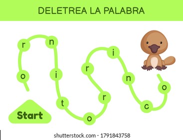 Deletrea la palabra - Spell the word. Maze for kids. Spelling word game template. Learn to read word platypus. Activity page for study Spanish for development of children. Vector stock illustration.