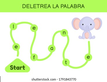 Deletrea la palabra - Spell the word. Maze for kids. Spelling word game template. Learn to read word elephant. Activity page for study Spanish for development of children. Vector stock illustration.