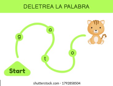 Deletrea la palabra - Spell the word. Maze for kids. Spelling word game template. Learn to read word cat. Activity page for study Spanish for development of children. Vector stock illustration.
