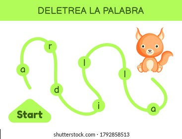 Deletrea la palabra - Spell the word. Maze for kids. Spelling word game template. Learn to read word squirrel. Activity page for study Spanish for development of children. Vector stock illustration.