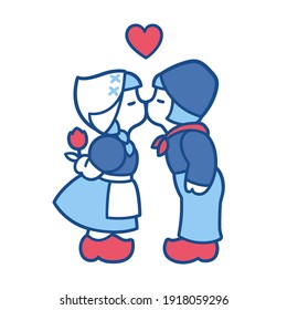 Delft Blue kissing couple, traditional Dutch souvenir. Cute cartoon boy and girl drawing. Vector illustration.