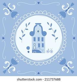 Delft blue tile with a typical Dutch house. EPS 10. No transparency. No gradients.